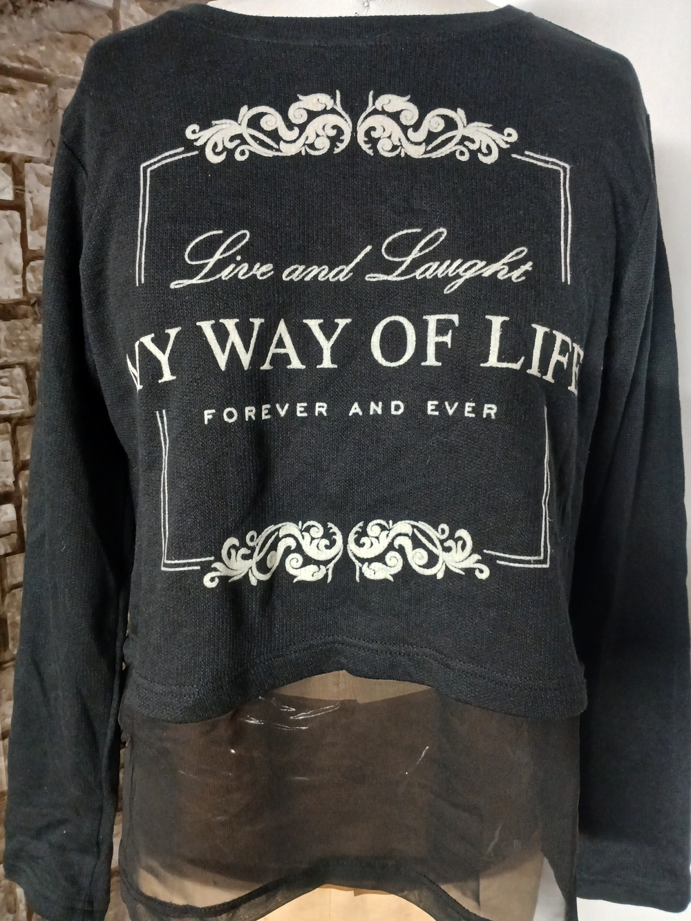 Black Graphic Crewneck Sweater with Sheer Hem